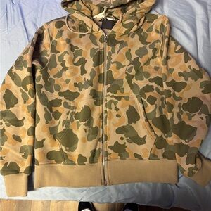 Green and Tan Camouflage Hooded Jacket with Full Zipper